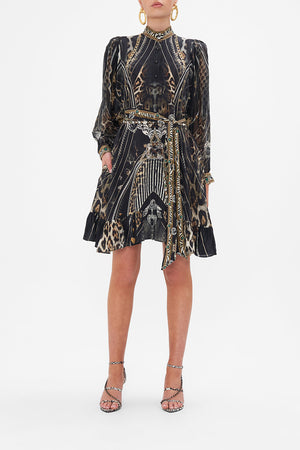 Front view of model wearing CAMILLA silk shirt dress Chaos In The Cosmos animal print