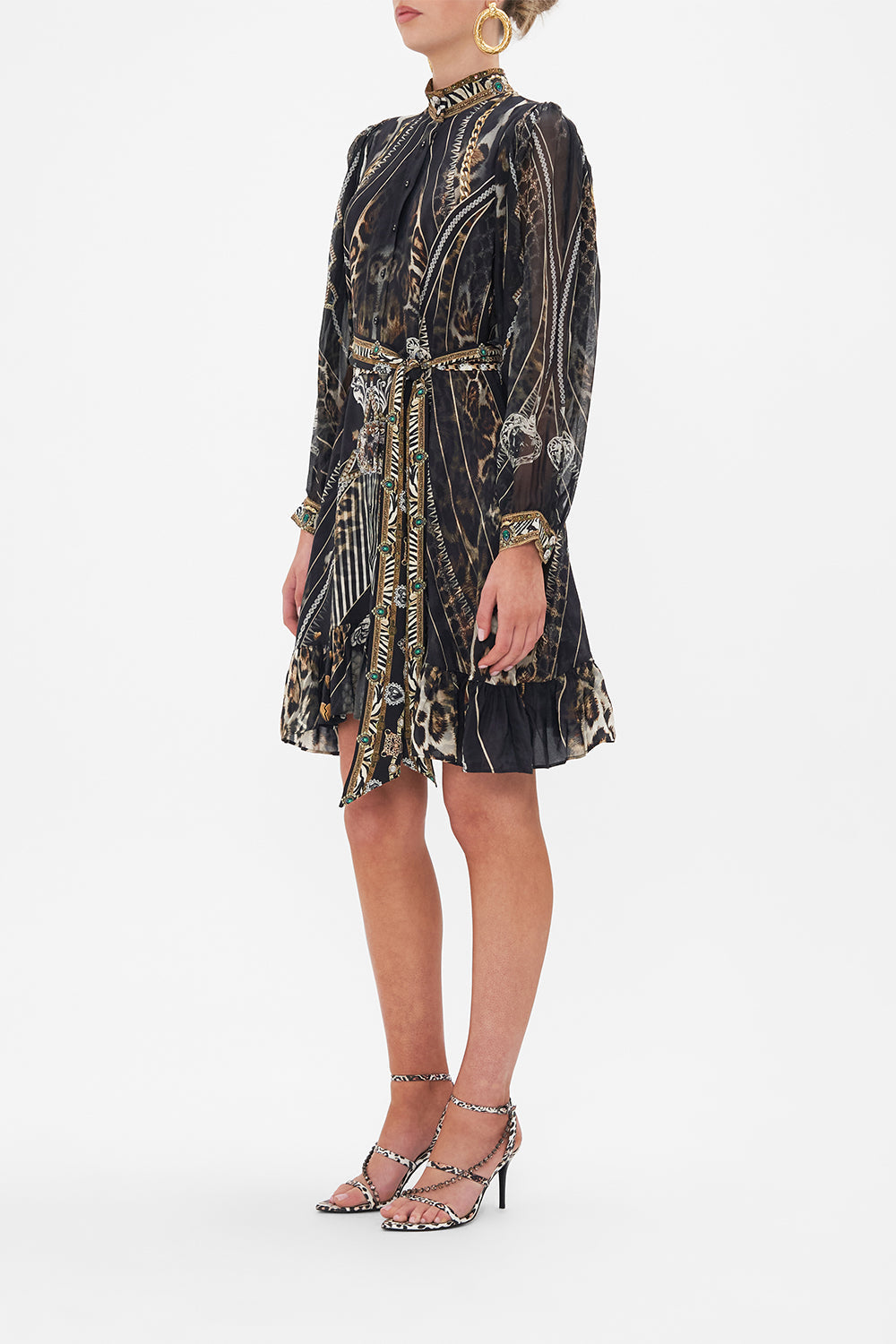 Side view of model wearing CAMILLA silk shirt dress Chaos In The Cosmos animal print
