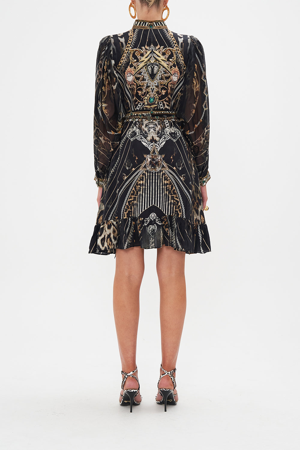 Back view of model wearing CAMILLA silk shirt dress Chaos In The Cosmos animal print