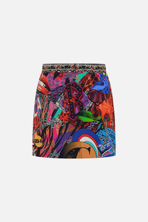 Back product view of CAMILLA silk mini skirt in multicoloured Radical Rebirth print