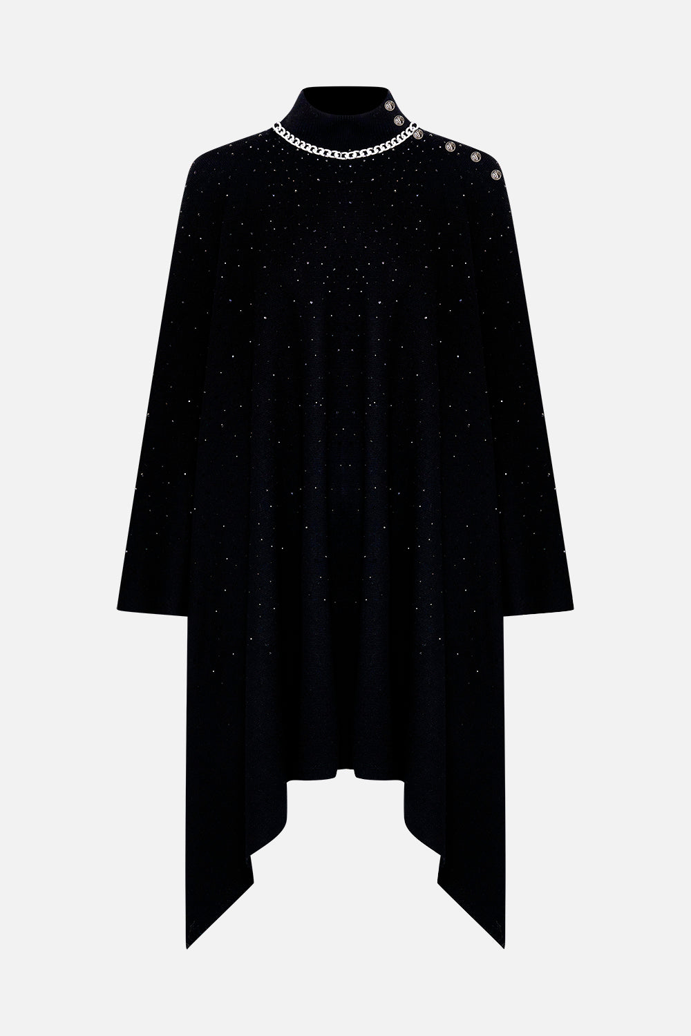 Product view of CAMILLA black knit poncho in Chaos Magic 