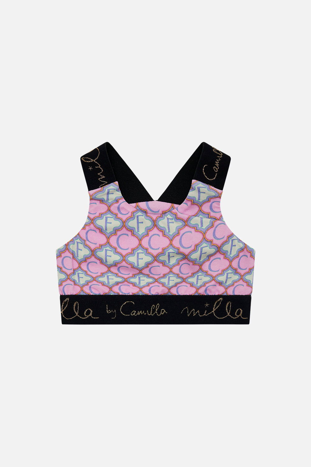 Product view of MILLA By CAMILLA kids sports crop top in Tiptoe The Tightrope print