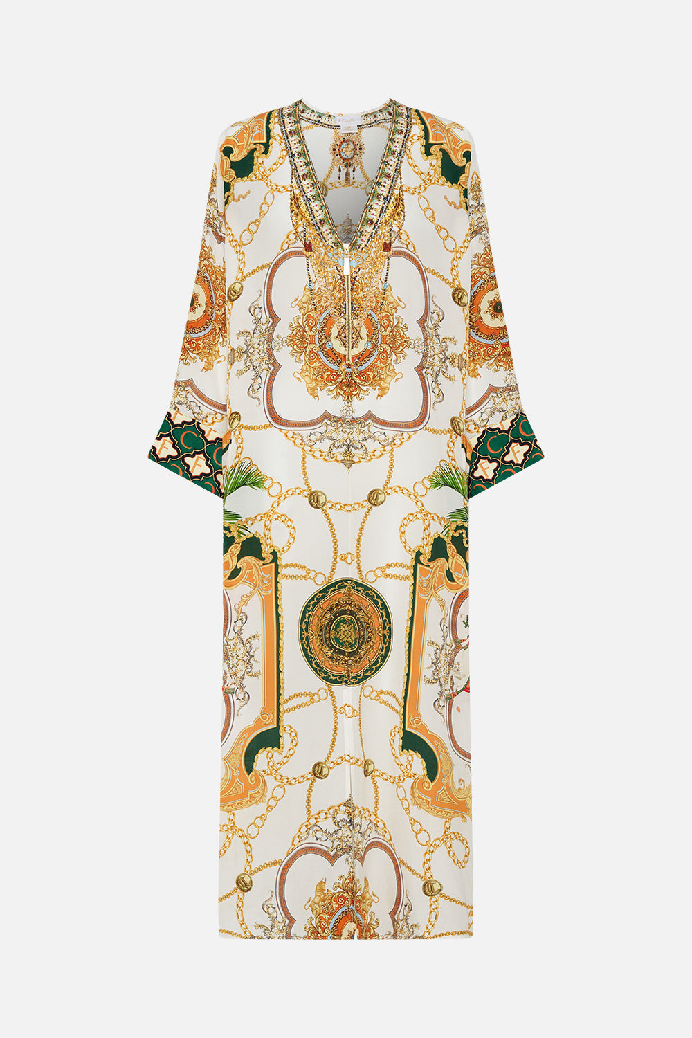 Product view of CAMILLA white silk kaftan My Sweet Devotion print