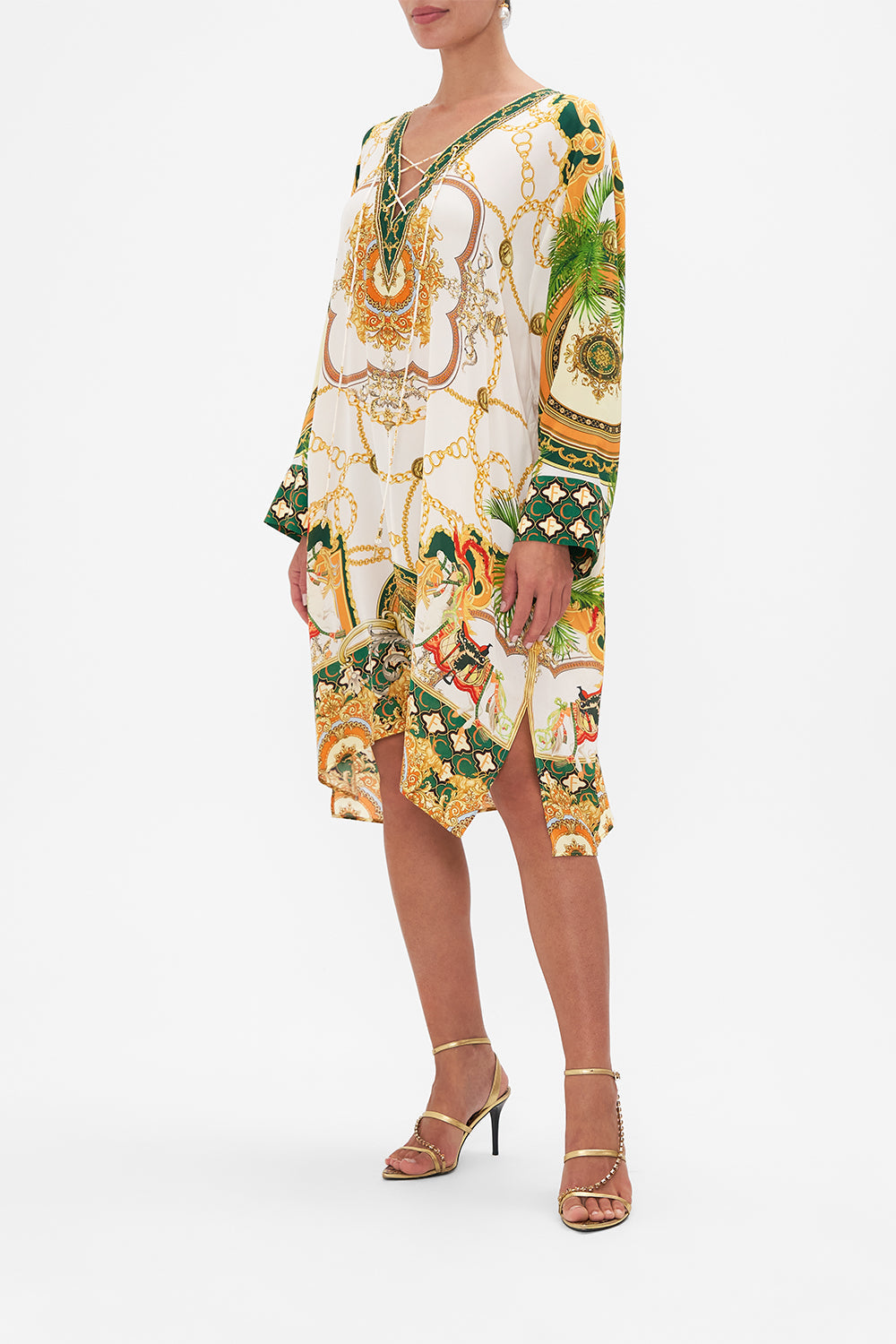 Side view model wearing of CAMILLA silk kaftan in My Sweet Devotion print