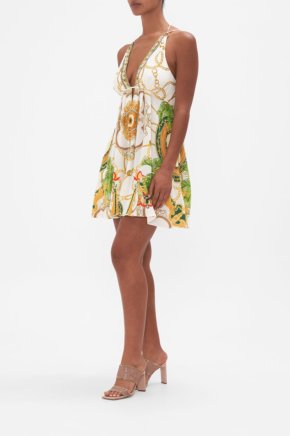 Side view of model wearing CAMILLA silk mini dress in My Sweet Devotion print