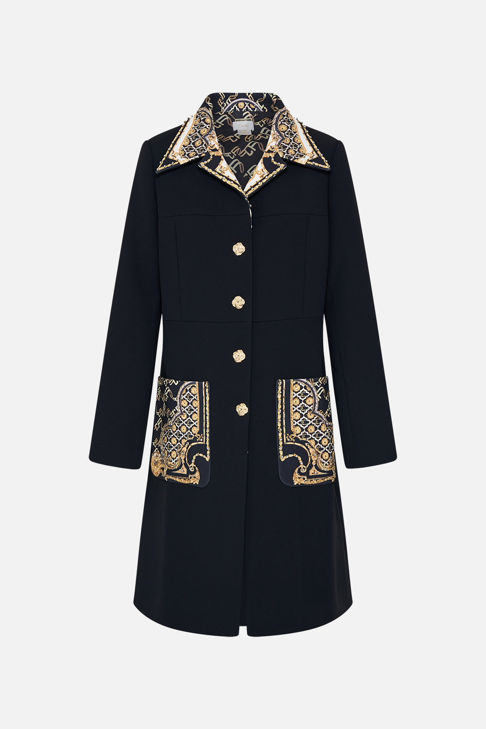 Video of model wearing CAMILLA button front coat in Tether Me Not print