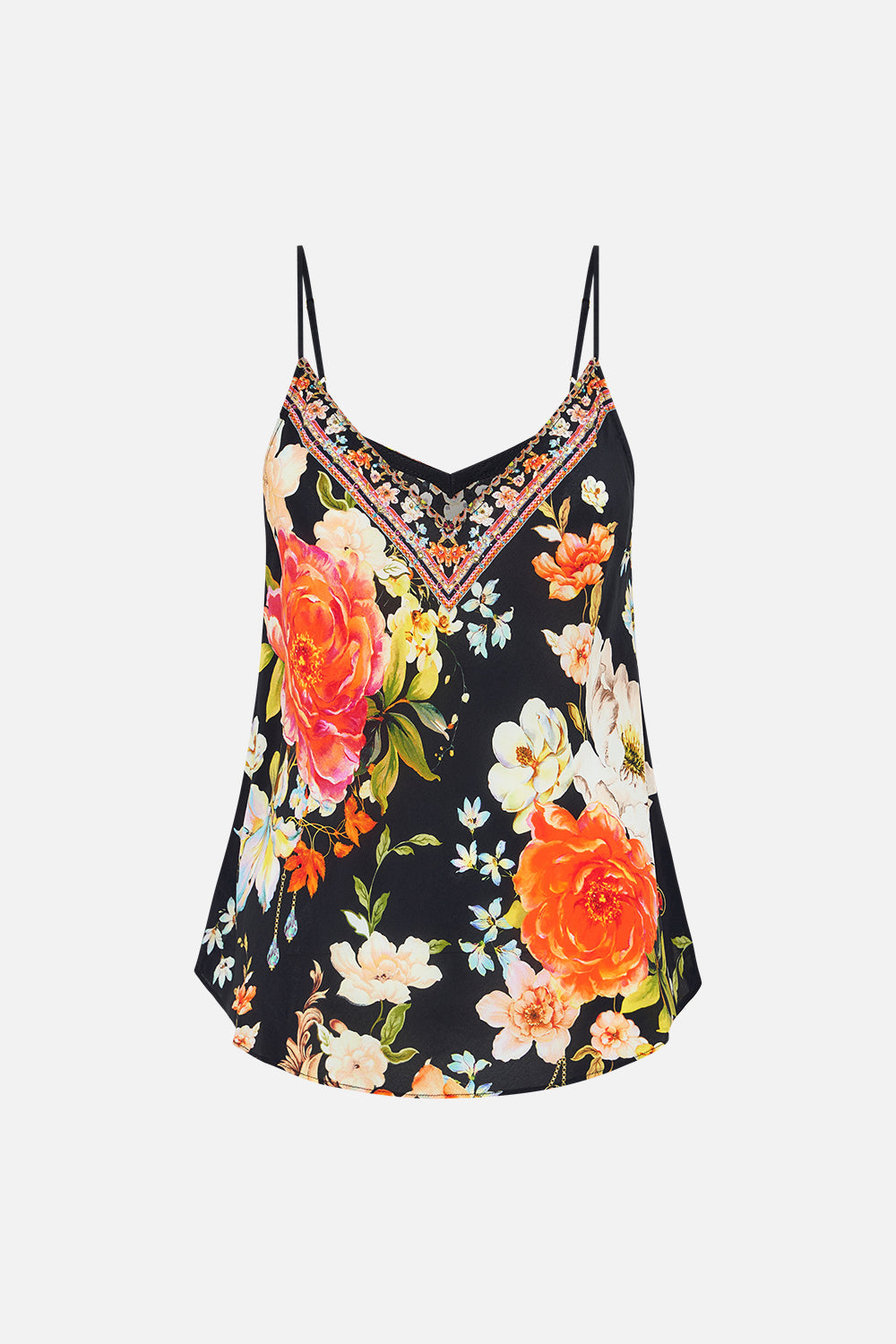 Product view of CAMILLA floral silk cami in Secret History print