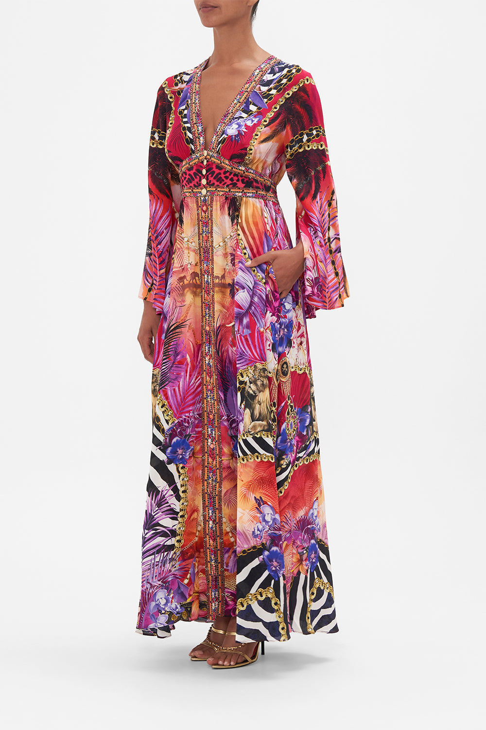 Front view of model waering CAMILLA womens silk maxi dress in Wild Loving print