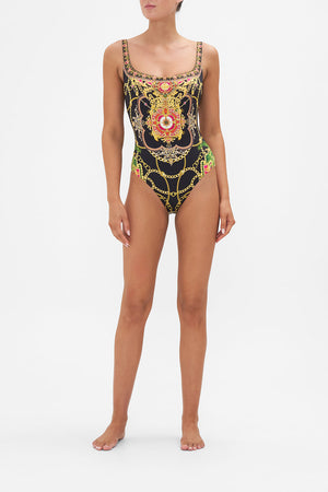 Front view of model wearing CAMILLA onepiece swimsuit in Jealousy And Jewels print
