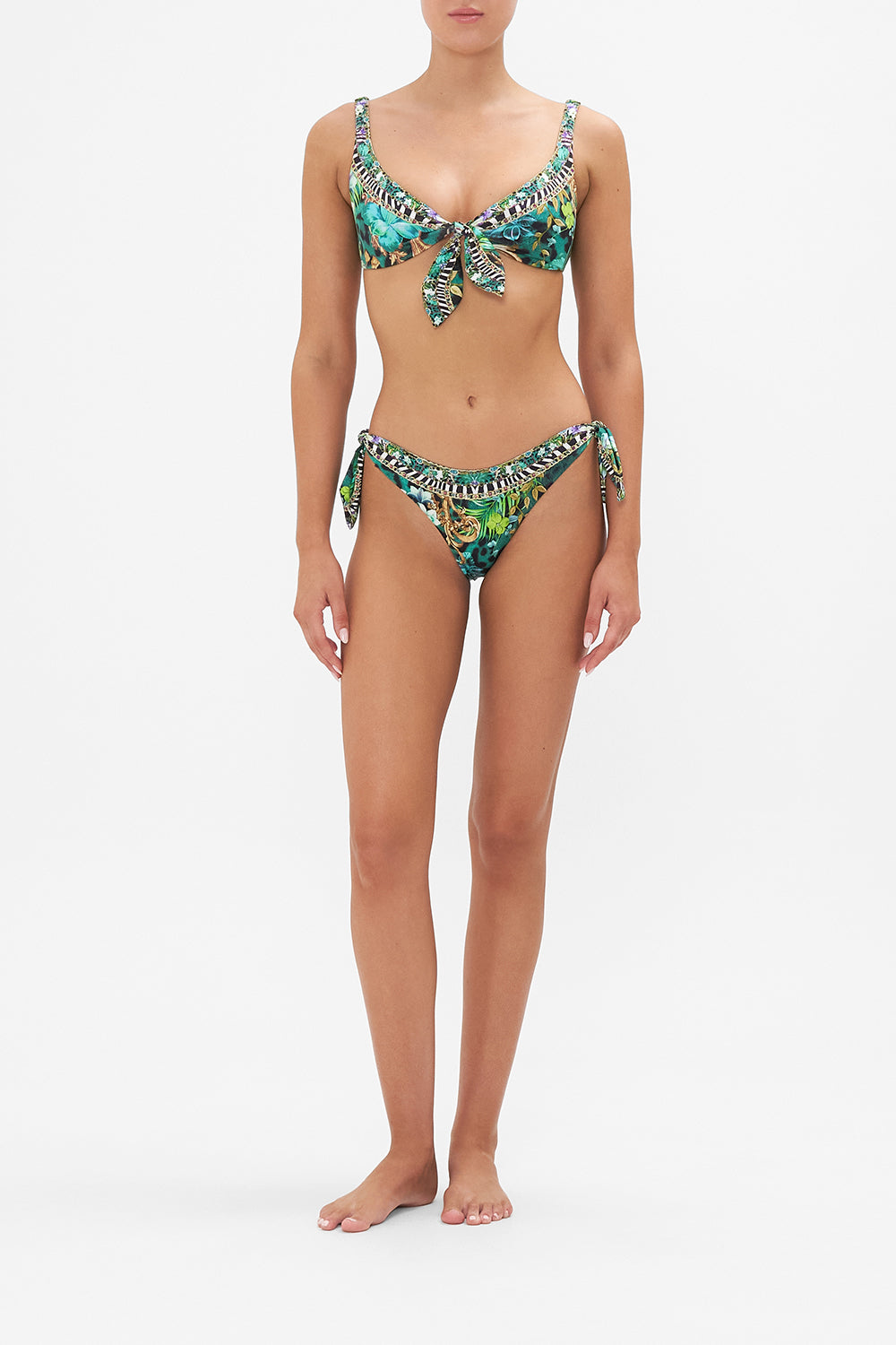 Product view of CAMILLA green resort wear bikini top in Sing My Song print