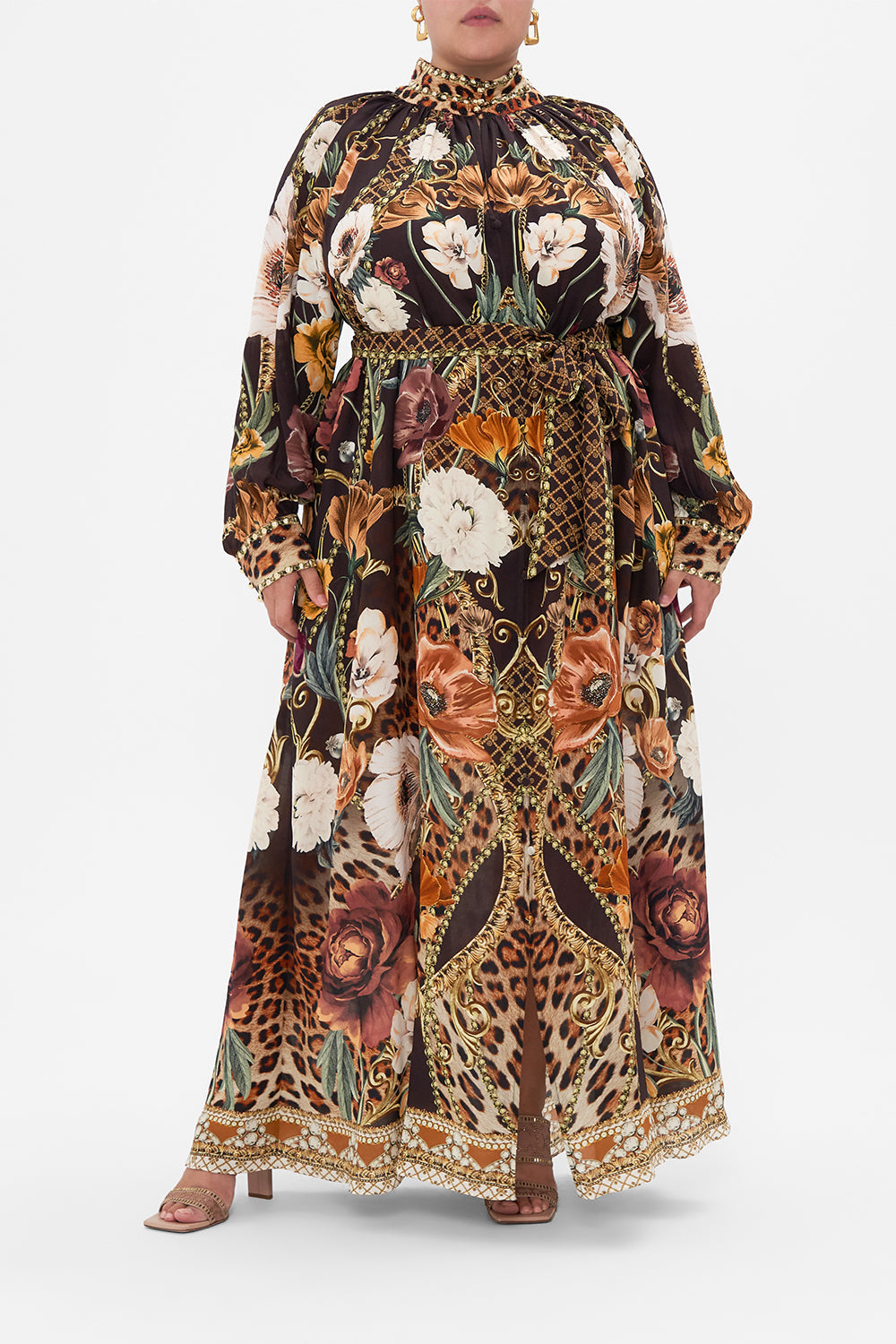 Front view of curvy model wearing CAMILLA plus size floral maxi dress in Wave Your Wand print