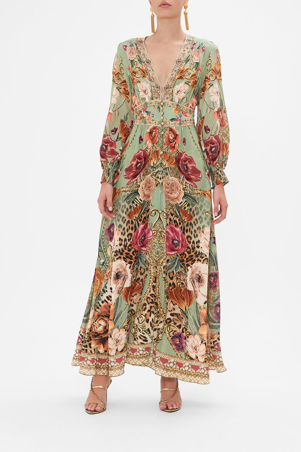 Front view of model wearing CAMILLA silk floral maxi dress in Grow and Glow print