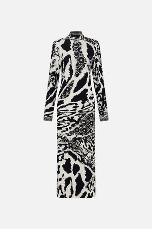 Product view of CAMILLA black and white jersey midi dress in Feline Fantasy print