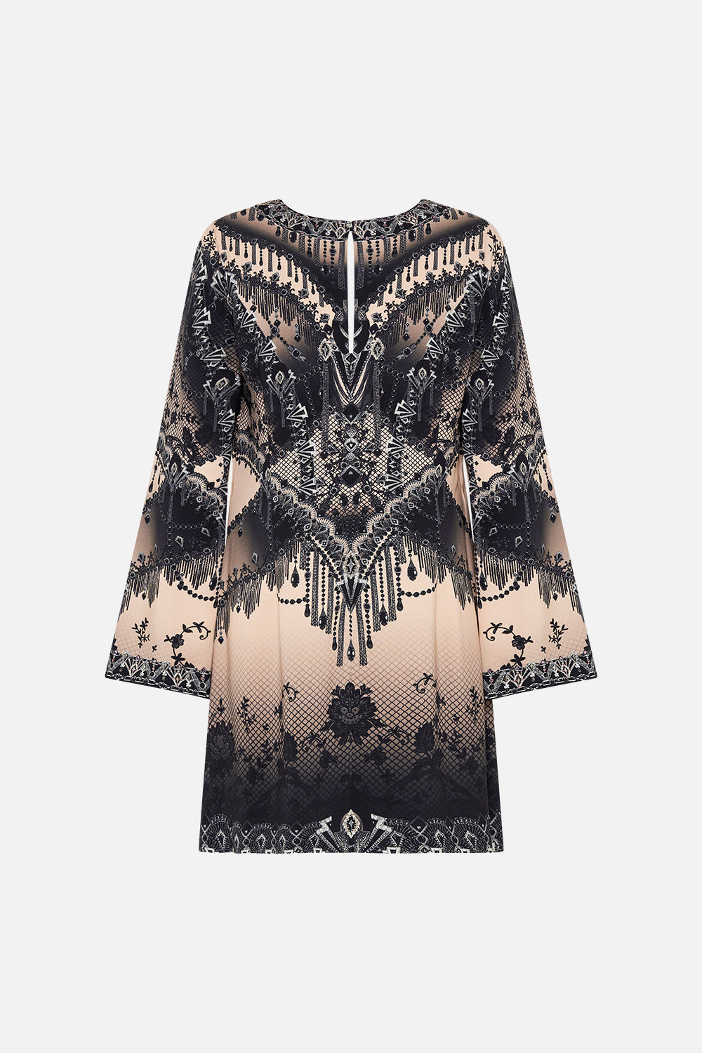 Back product view CAMILLA silk mini shift dress in Curtain Call Chaos print