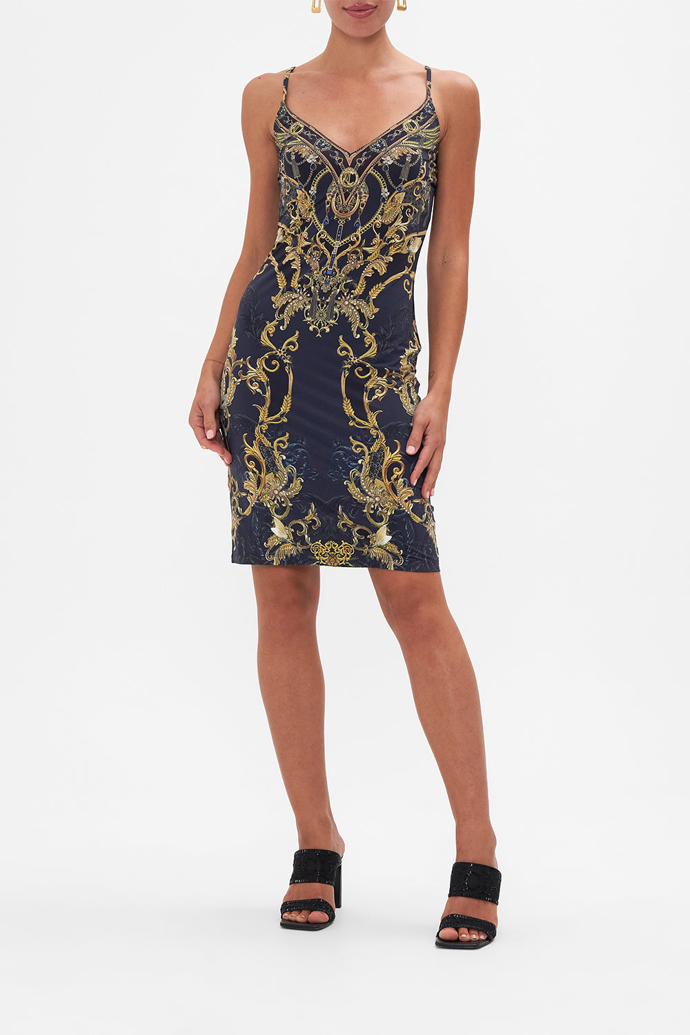 Front view of model wearing CAMILLA slip dress in Moonlight Melodies print