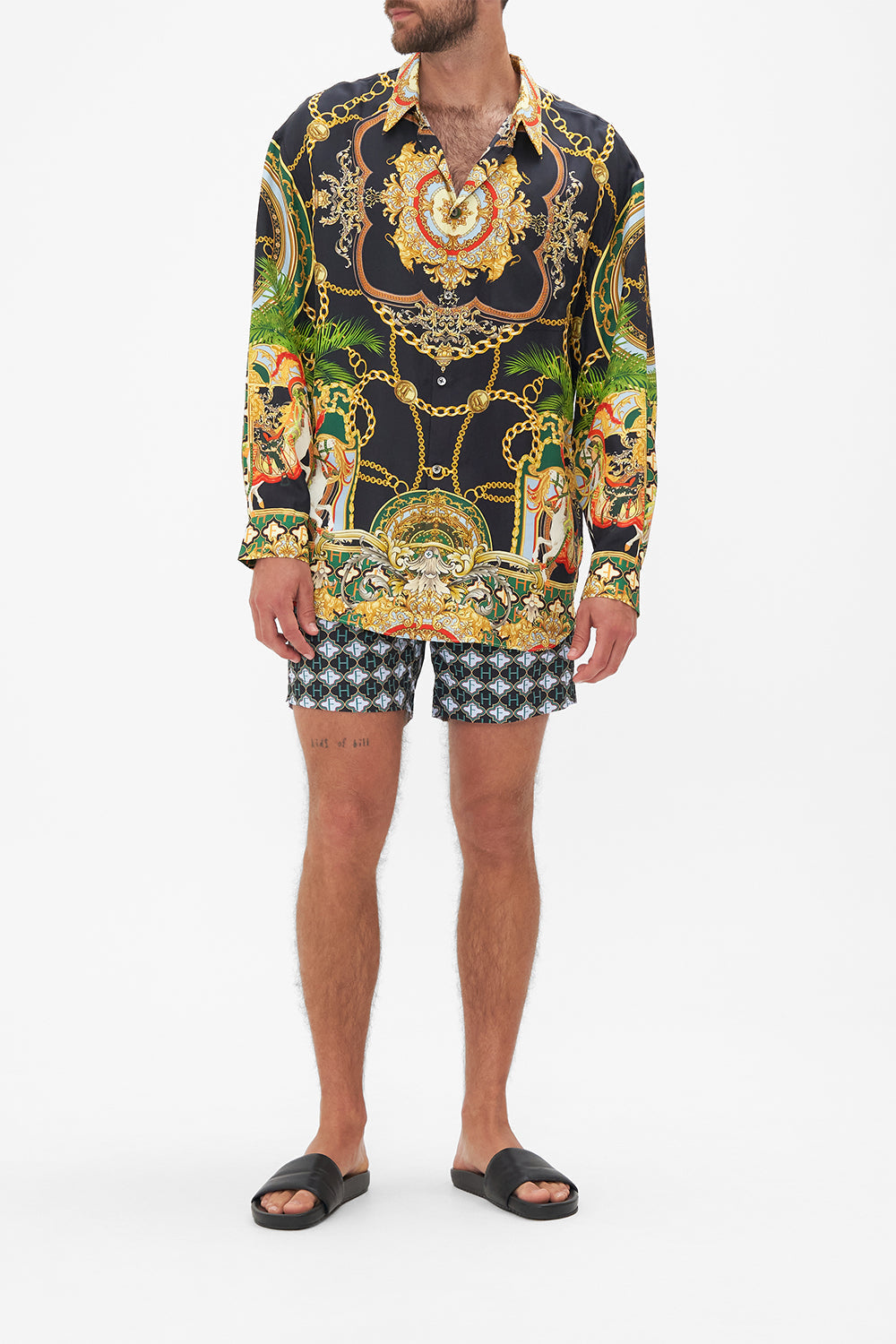 Front view of model wearing Hotel Franks by CAMILLA mens silk oversized sleeve button through shirt in Jealousy and Jewels print