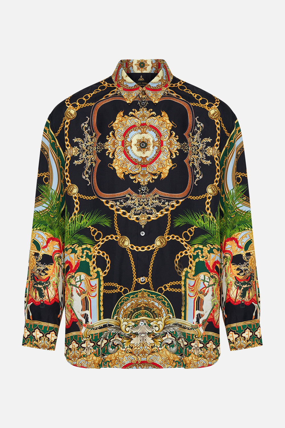 Detail view of model wearing Hotel Franks by CAMILLA mens silk oversized sleeve button through shirt in Jealousy and Jewels print