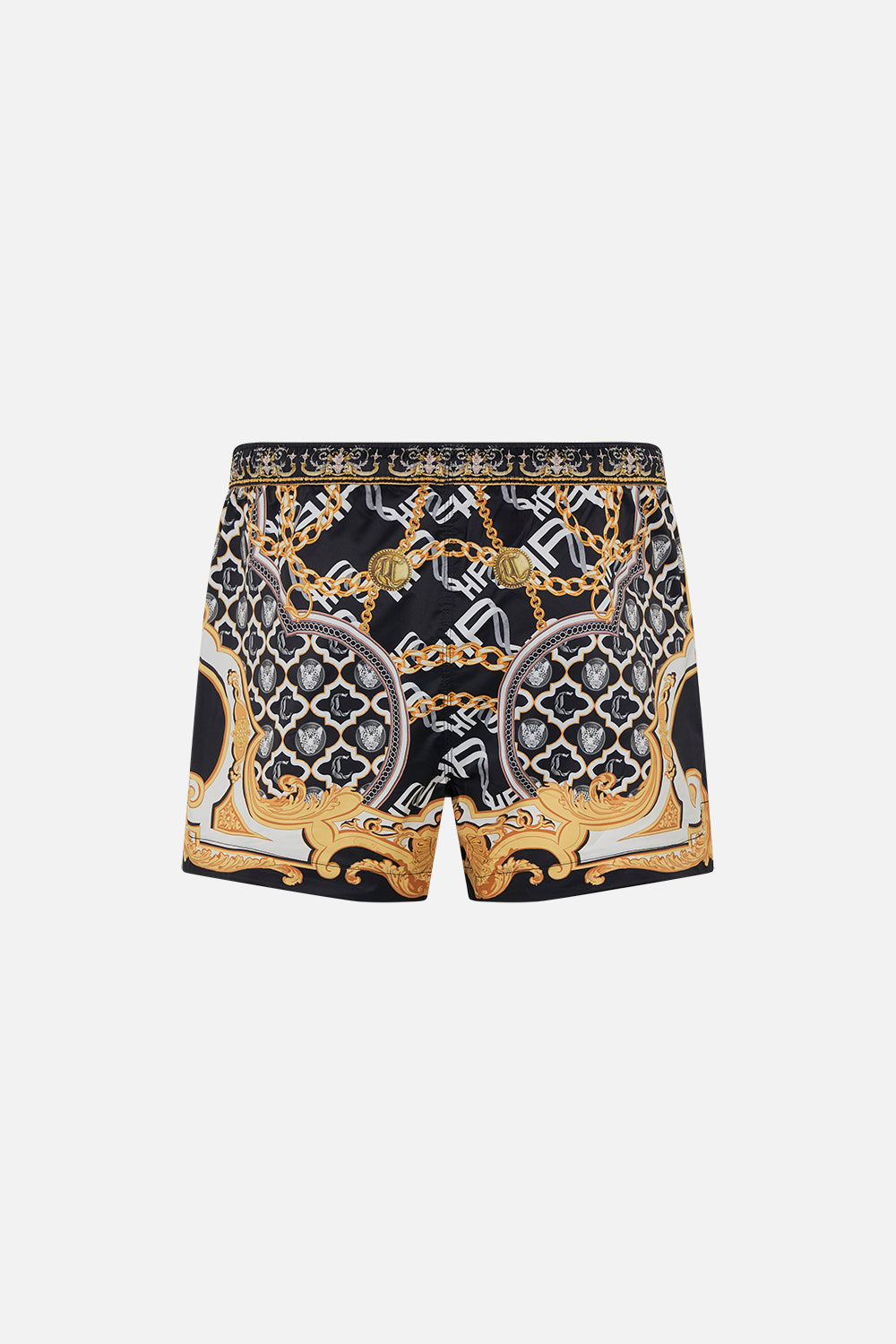 Back product view of Hotel Franks by CAMILLA mens black swim shorts in Tether Me Not print