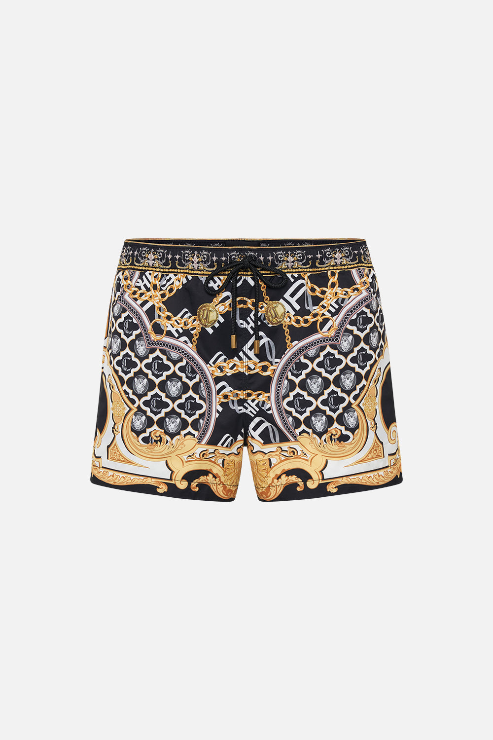 Product view of Hotel Franks by CAMILLA mens black swim shorts in Tether Me Not print