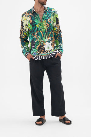 Front view of model wearing CAMILLA mens long sleeve shirt in Sing My Song print
