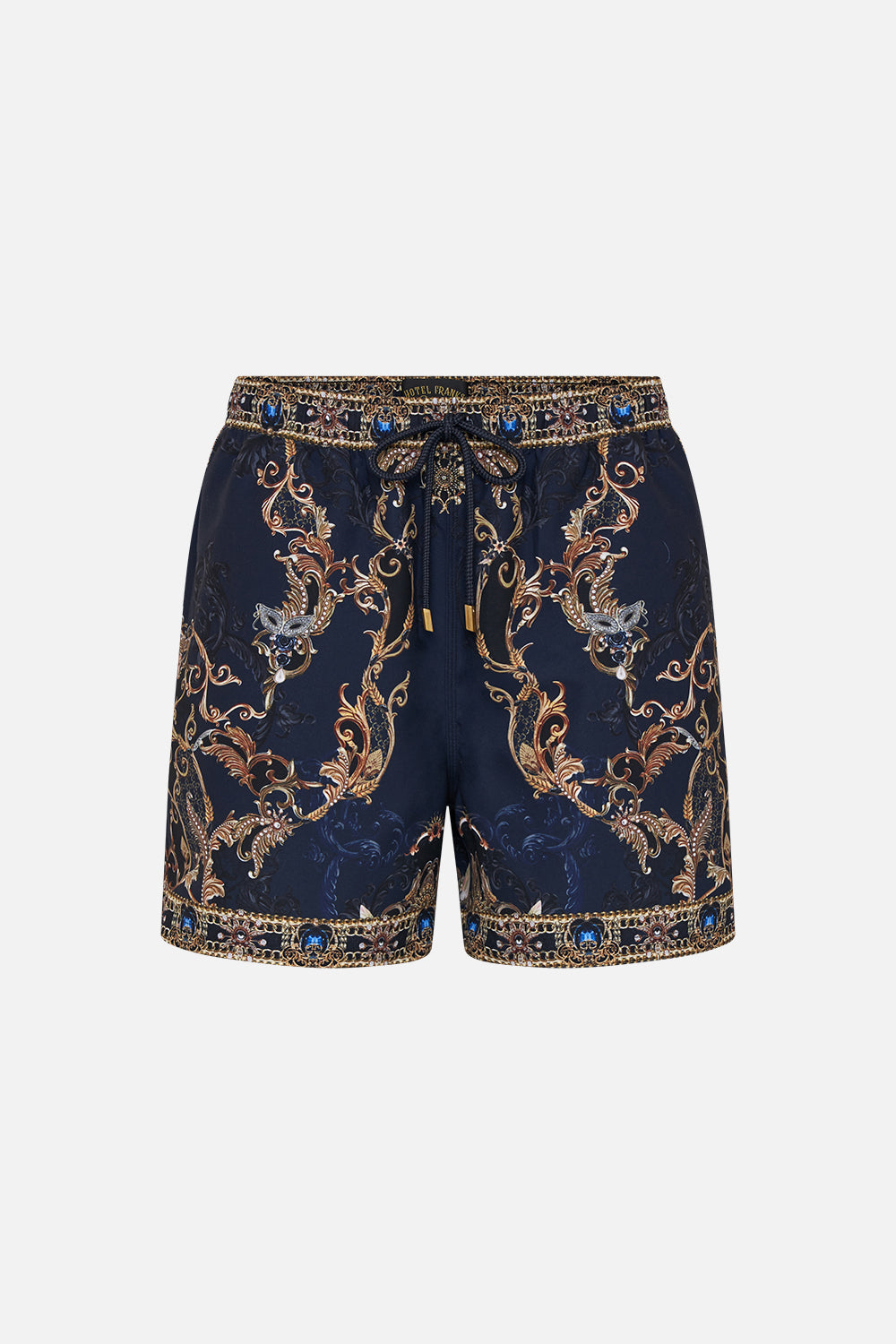 Product view of Hotel Franks by CAMILLA mens navy boardshorts in Moonlight Melodies print