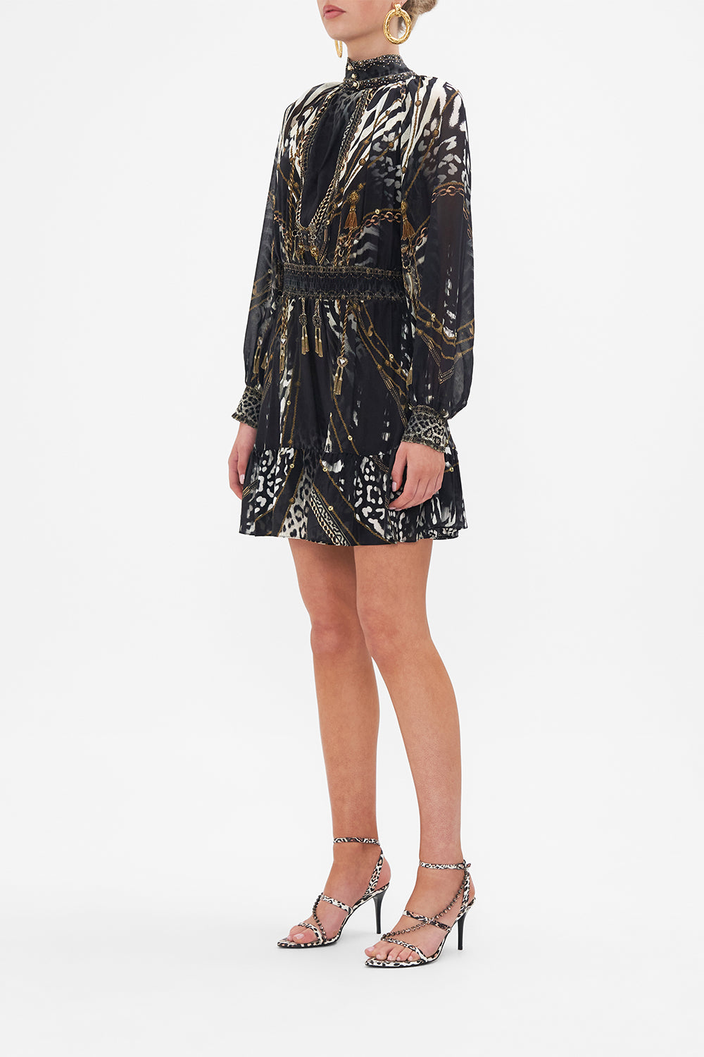 SHIRRED WAIST HIGH NECK MINI DRESS UNTAMED ROYALTY