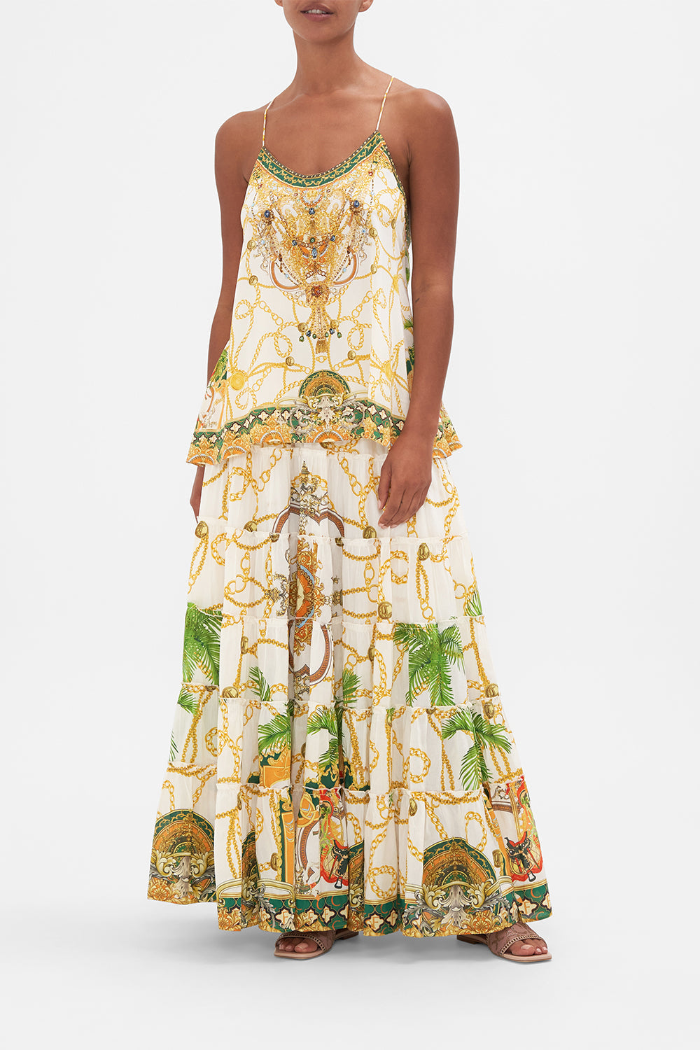 Front view of model wearing CAMILLA silk top in My Sweet Devotion print 