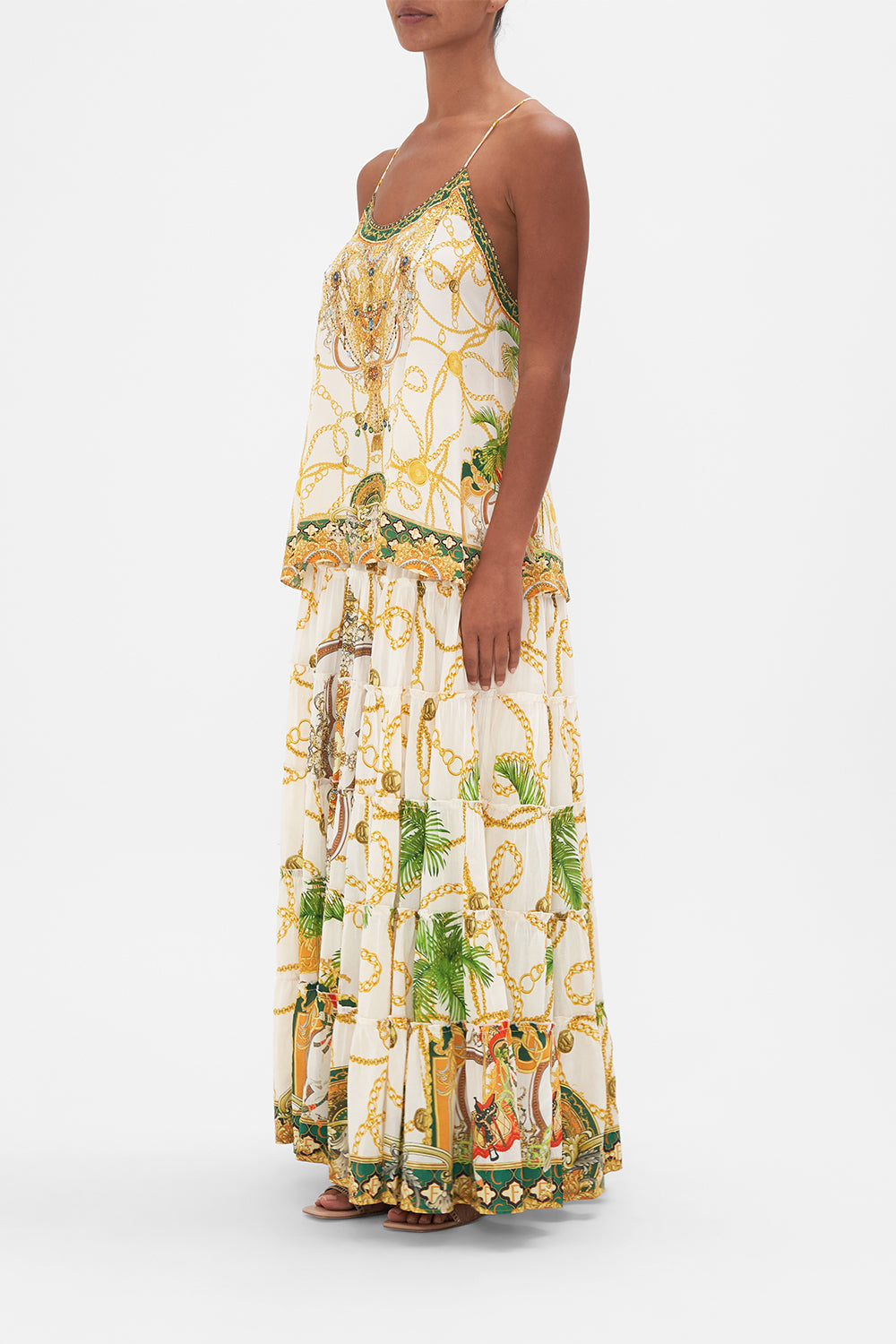 Side view of model wearing CAMILLA silk top in My Sweet Devotion print 