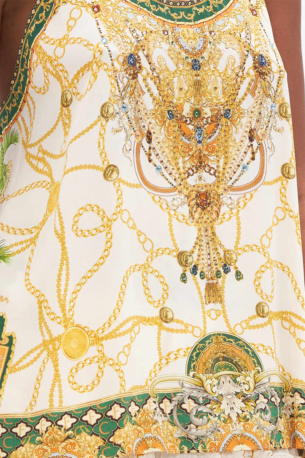 Detail view of model wearing CAMILLA silk top in My Sweet Devotion print 