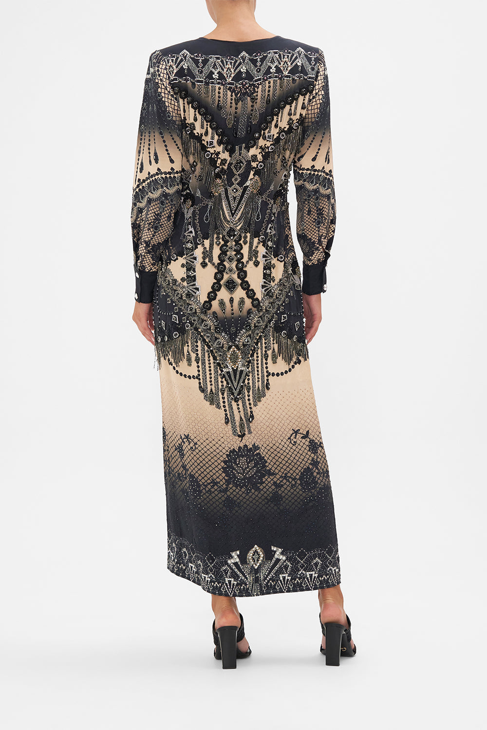 Back view of model wearing CAMILLA silk maxi dress in Curtain Call Chaos print 