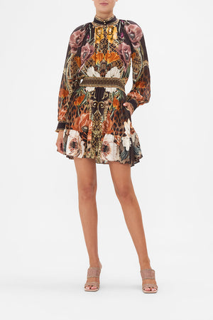Front view of model wearing CAMILLA brown floral silk mini dress in Wave Your Wand