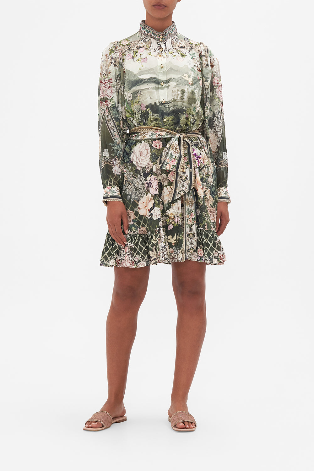 Front view of model wearing Camilla floral silk shirt dress Garden of Good Fortune print