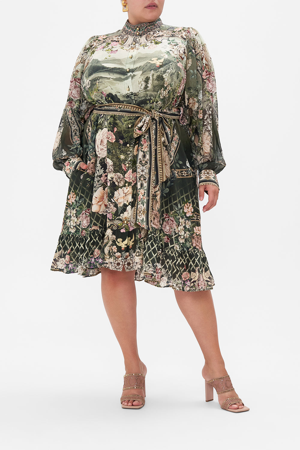 Front view of curvy model wearing CAMILLA plus size silk shirtdress in Garden Of Good Fortune print