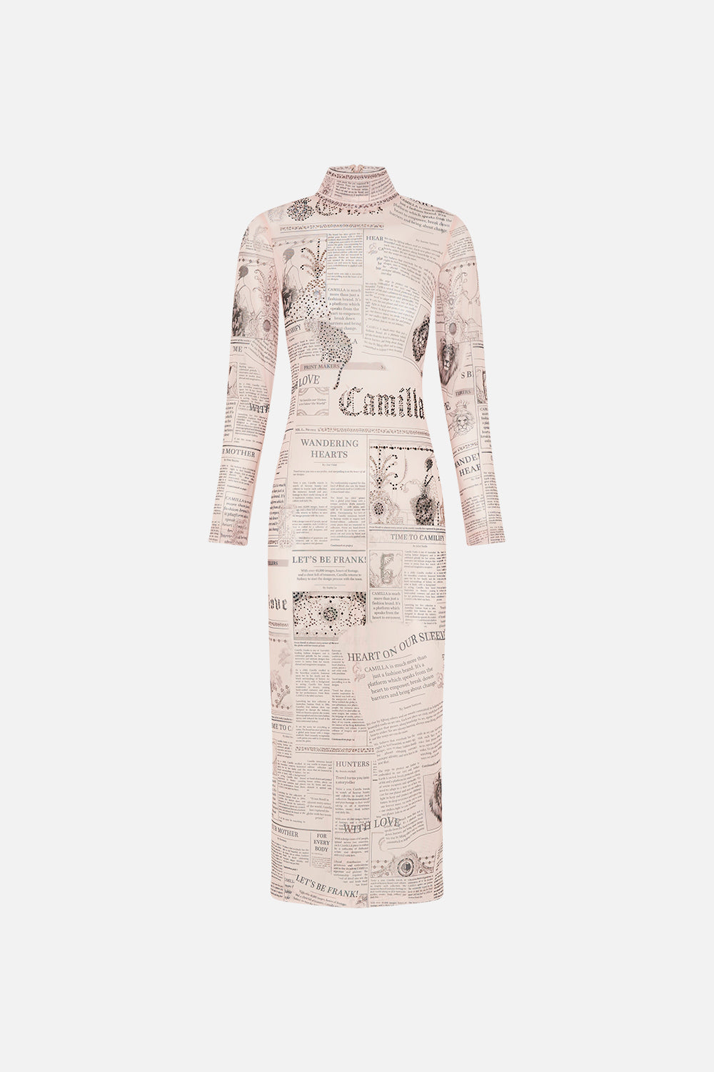 Detail view of model wearing CAMILLA mesh dress in Fame Fever print