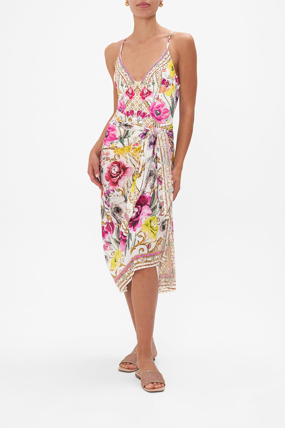 Front view of model wearing CAMILLA floral printed sarong in Destiny Calling print 