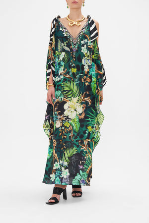 Front view of model wearing CAMILLA silk kaftan in Sing My Song print