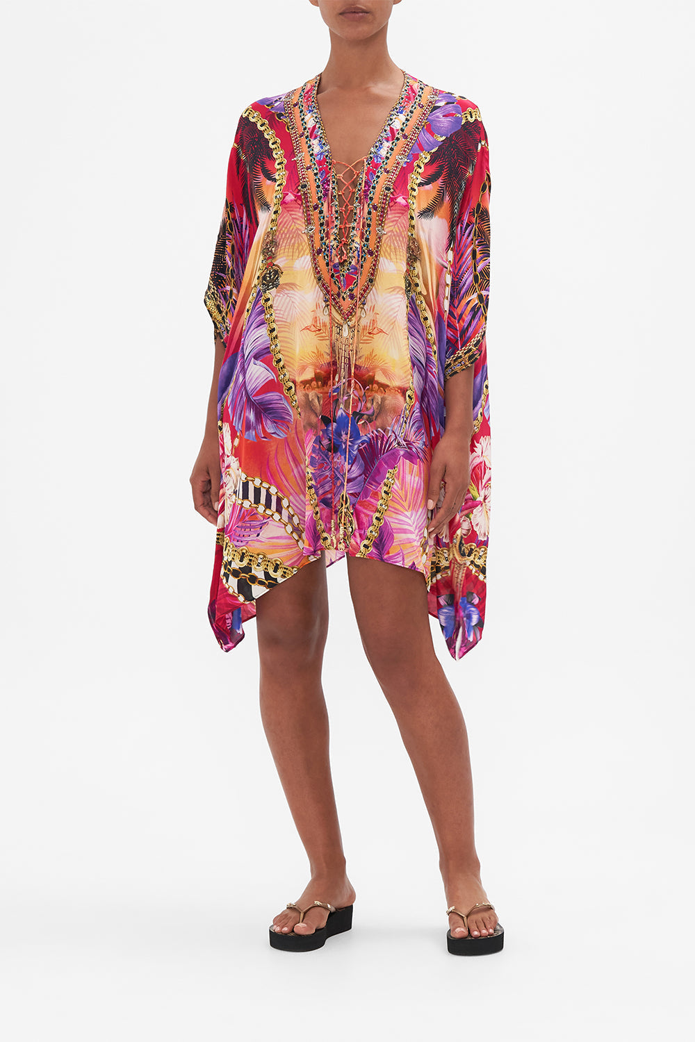Front view of model wearing CAMILLA resortwear silk kaftan in Wild Loving print 
