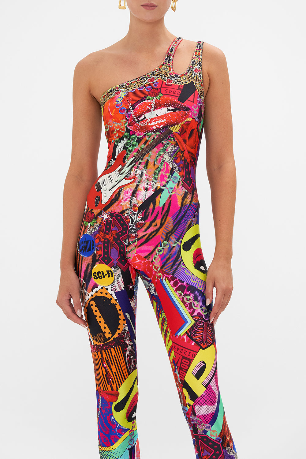 Crop view of model wearing CAMILLA catsuit unitard in multicoloured Radical Rebirth print