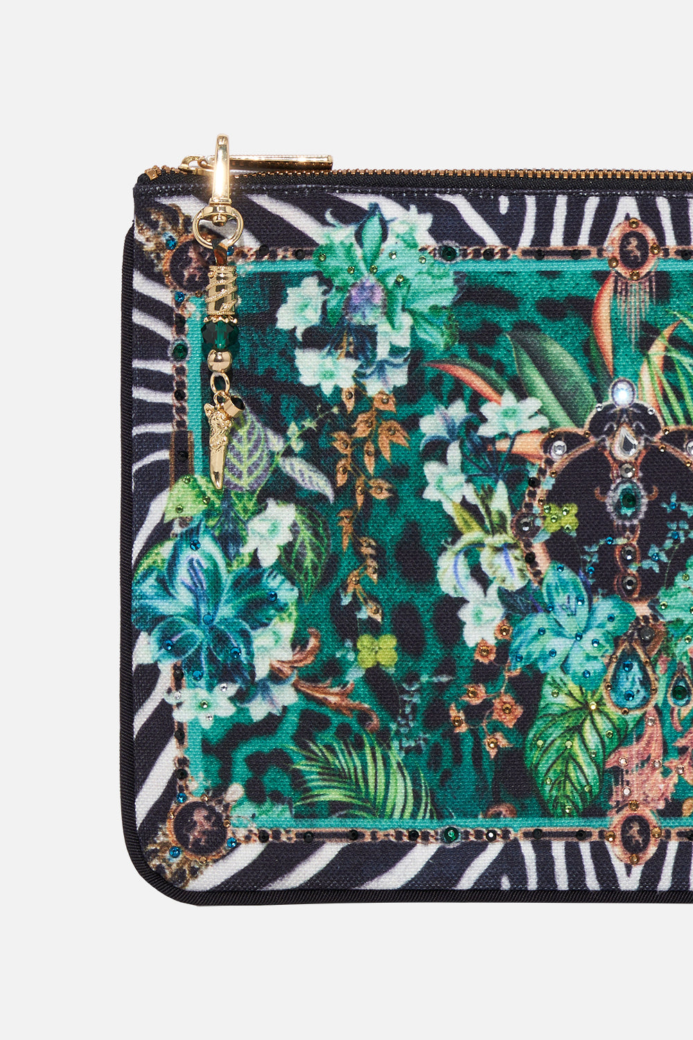 Detail product view of CAMILLA green clutch bag in Sing My Song print