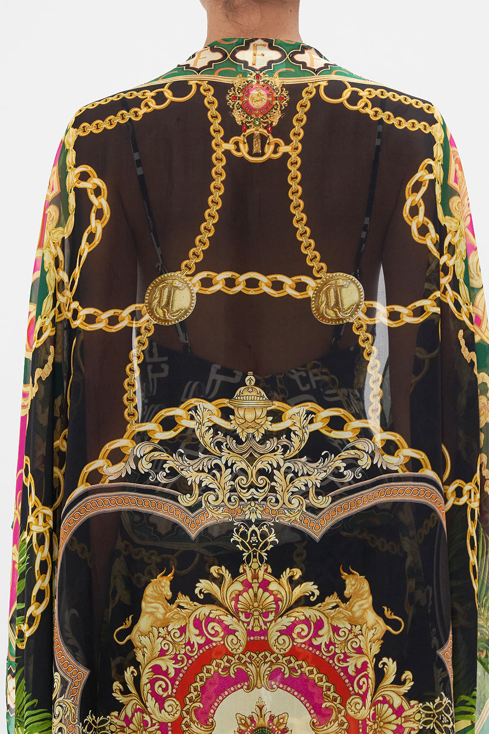 Back detail view of model wearing CAMILLA silk shrug in Jealousy And Jewels print