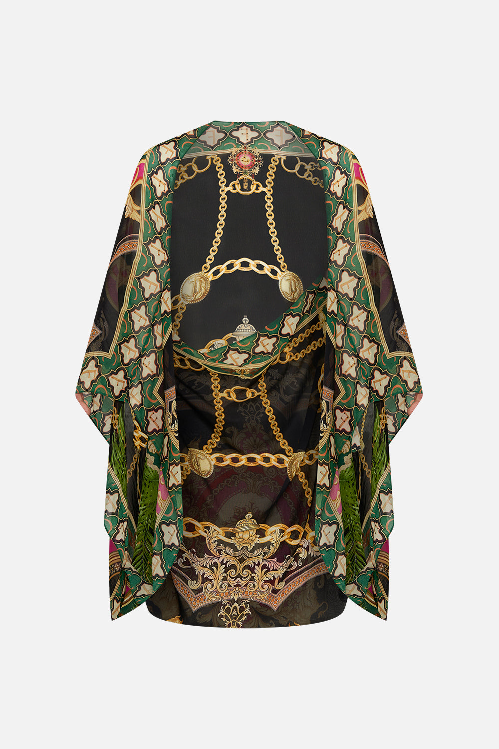 Front product view of model wearing CAMILLA silk shrug in Jealousy And Jewels print