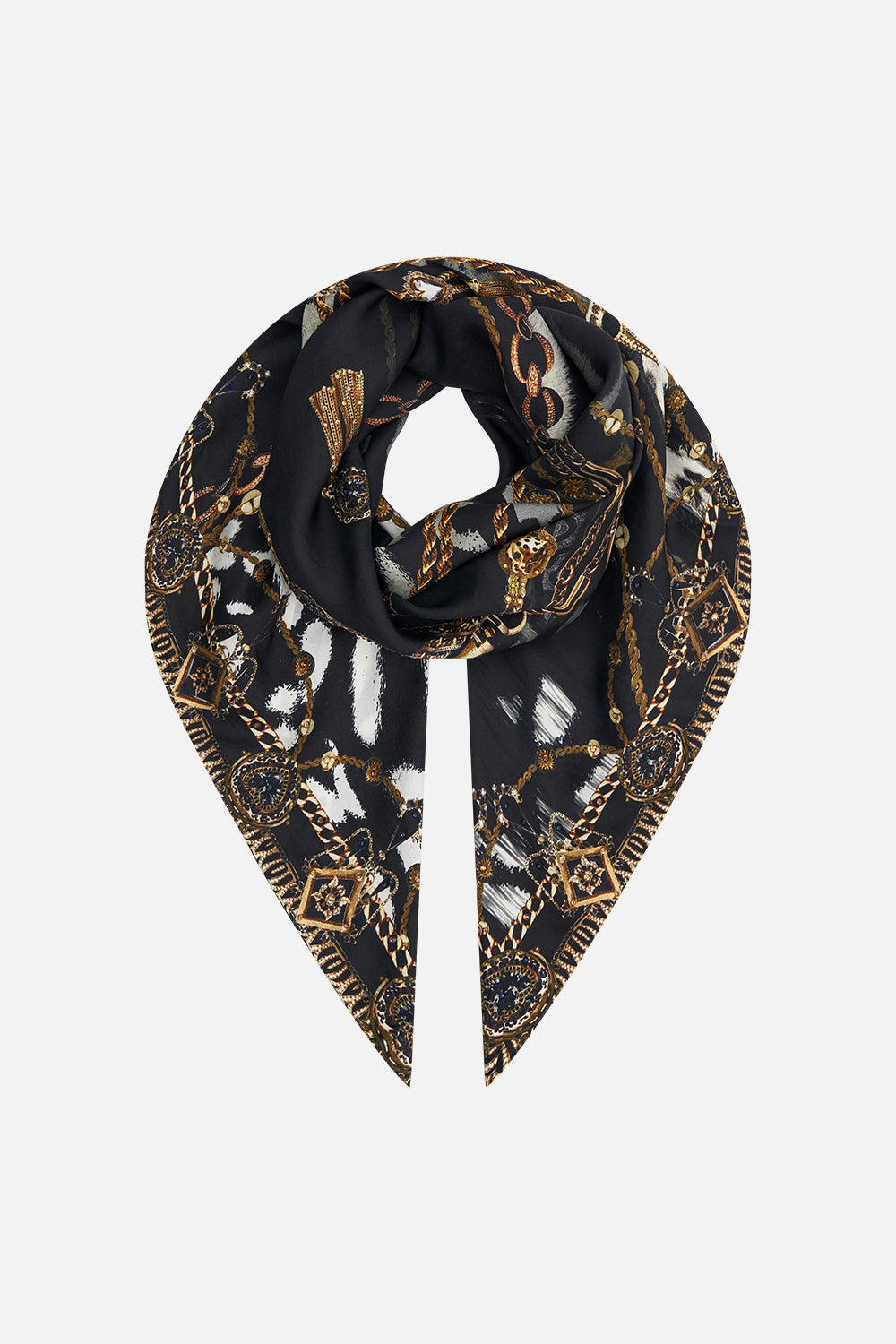 Product view of CAMILLA animal print silk square scarf in Untamed Royalty print