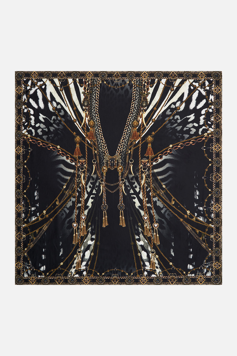 Detail view of CAMILLA animal print silk square scarf in Untamed Royalty print
