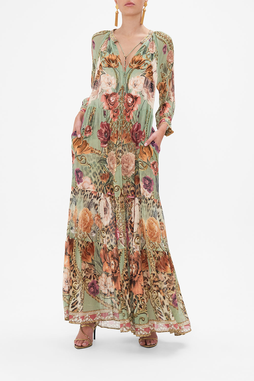 Front view of model wearing CAMILLA long flowy floral dress in Grow and Glow print