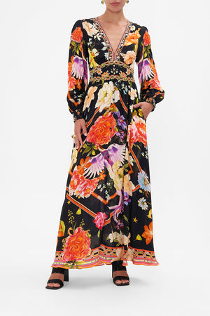 Front view of model wearing CAMILLA silk maxi dress in Secret History floral print
