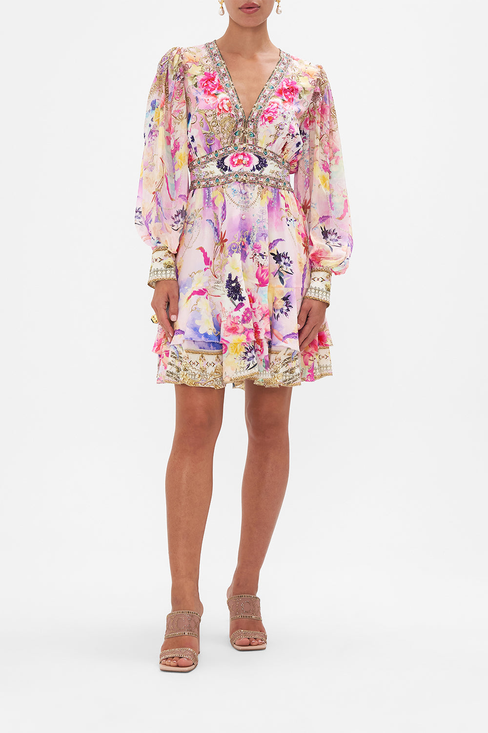 Front view of model wearing CAMILLA silk floral print mini dress in Sonic Symphonies print