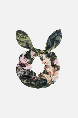 Product view of CAMILLA silk scrunchie in floral Garden of Good Fortune  print