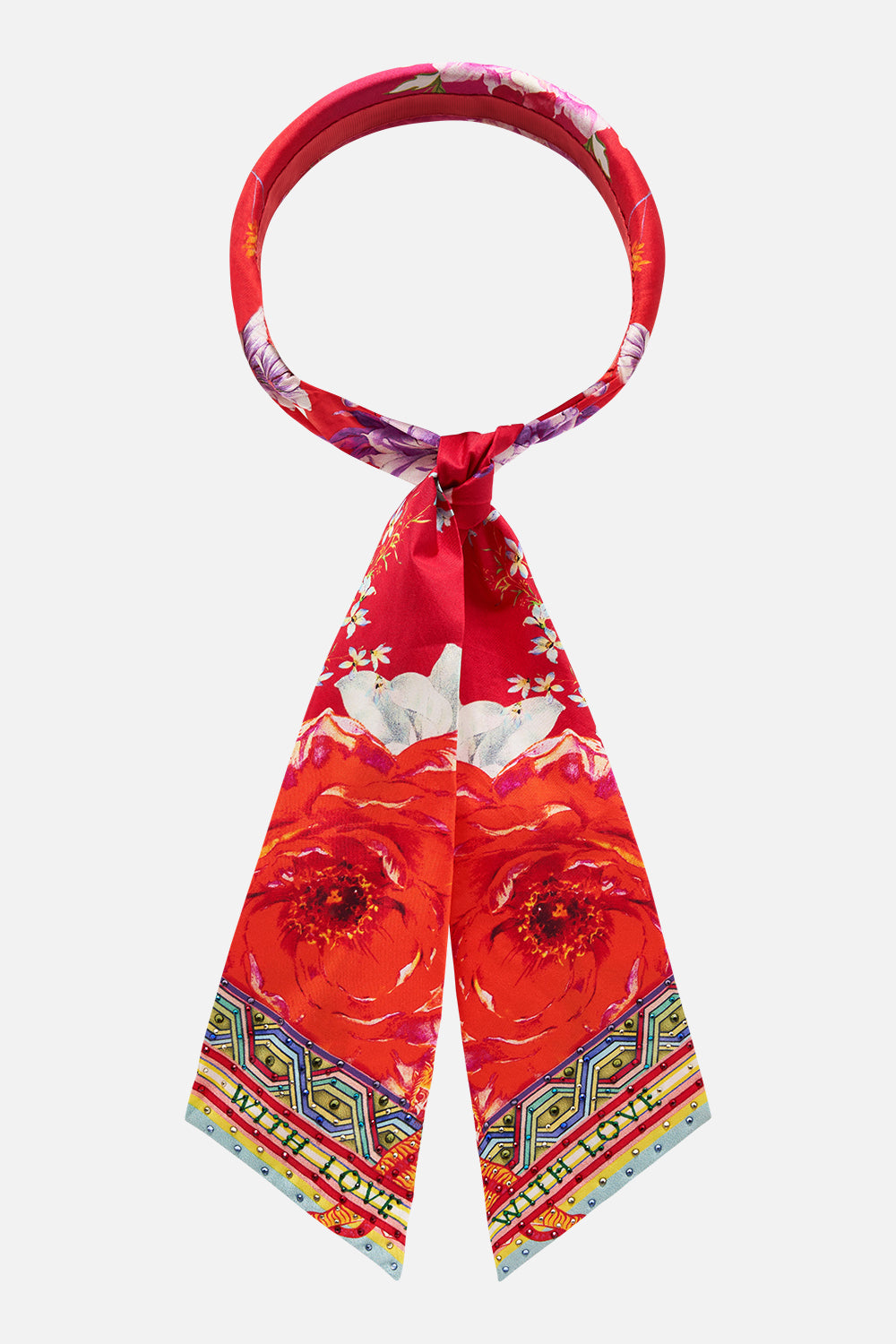Product view of CAMILLA silk floral scarf headband in Kiss and Tell print