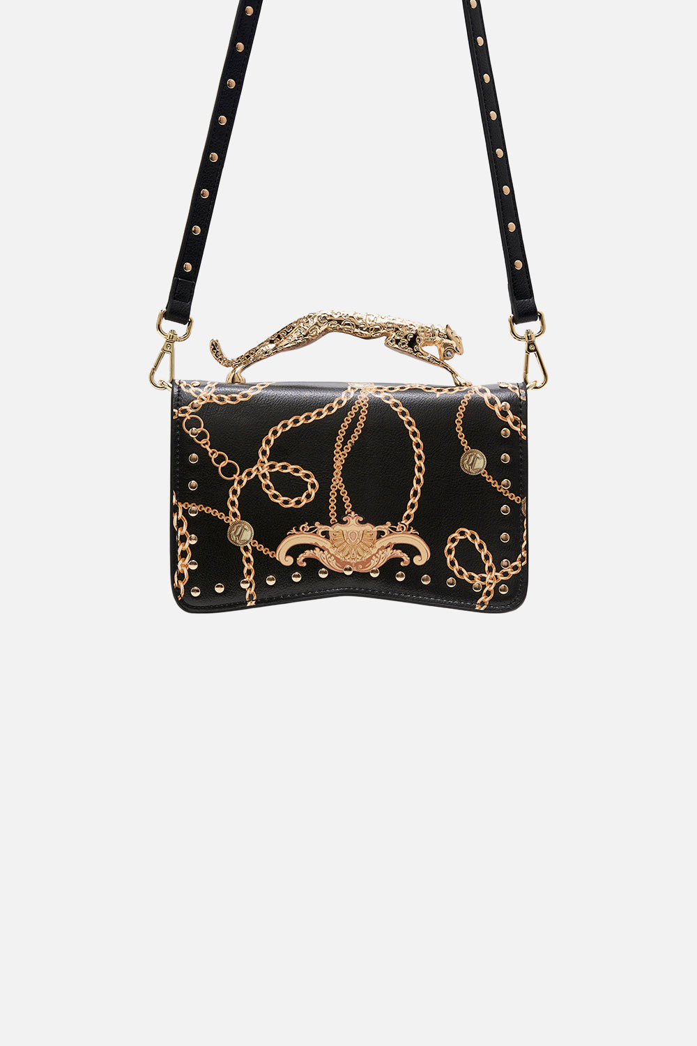 Front product view of CAMILLA black designer handbag in Tether Me Not print
