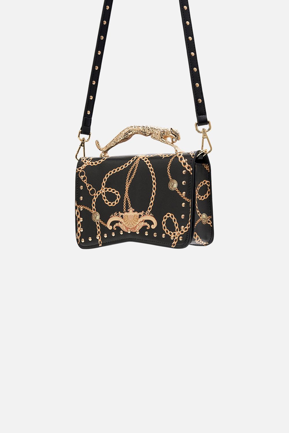Side product view of CAMILLA black designer handbag in Tether Me Not print